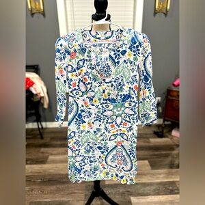 Boden 100% Linen Dress Womens 4R Blue/White/Green Floral A-Line Cottagecore